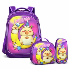 MV MOVAC - Set 3 Piezas Mochila Infantil Escolar Capibara con Luces + Lonchera + Estuche Resistente y Cómodo