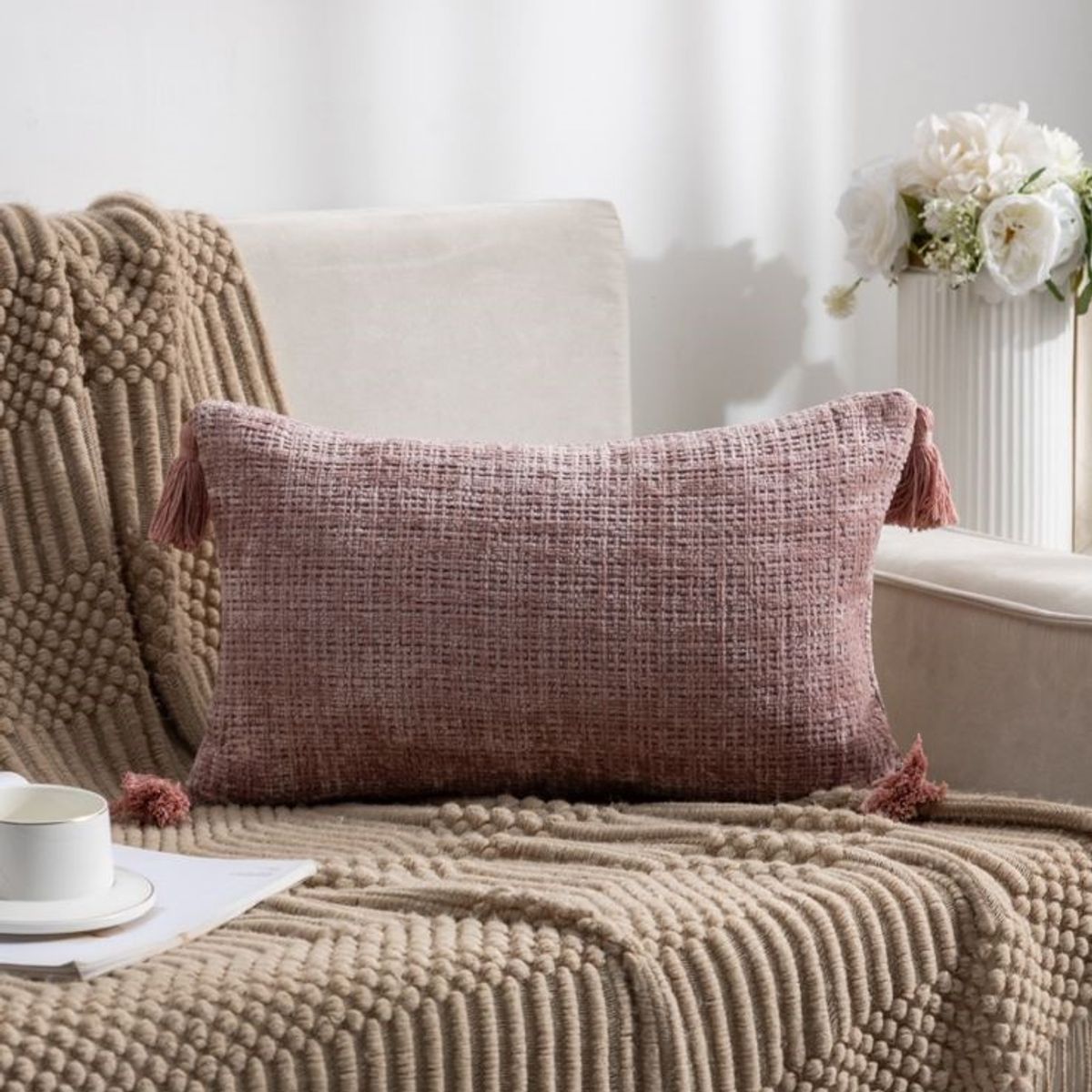 GENERICO - PACK DE 4 FUNDAS PARA COJIN CHELINE CON BORLAS 30x50