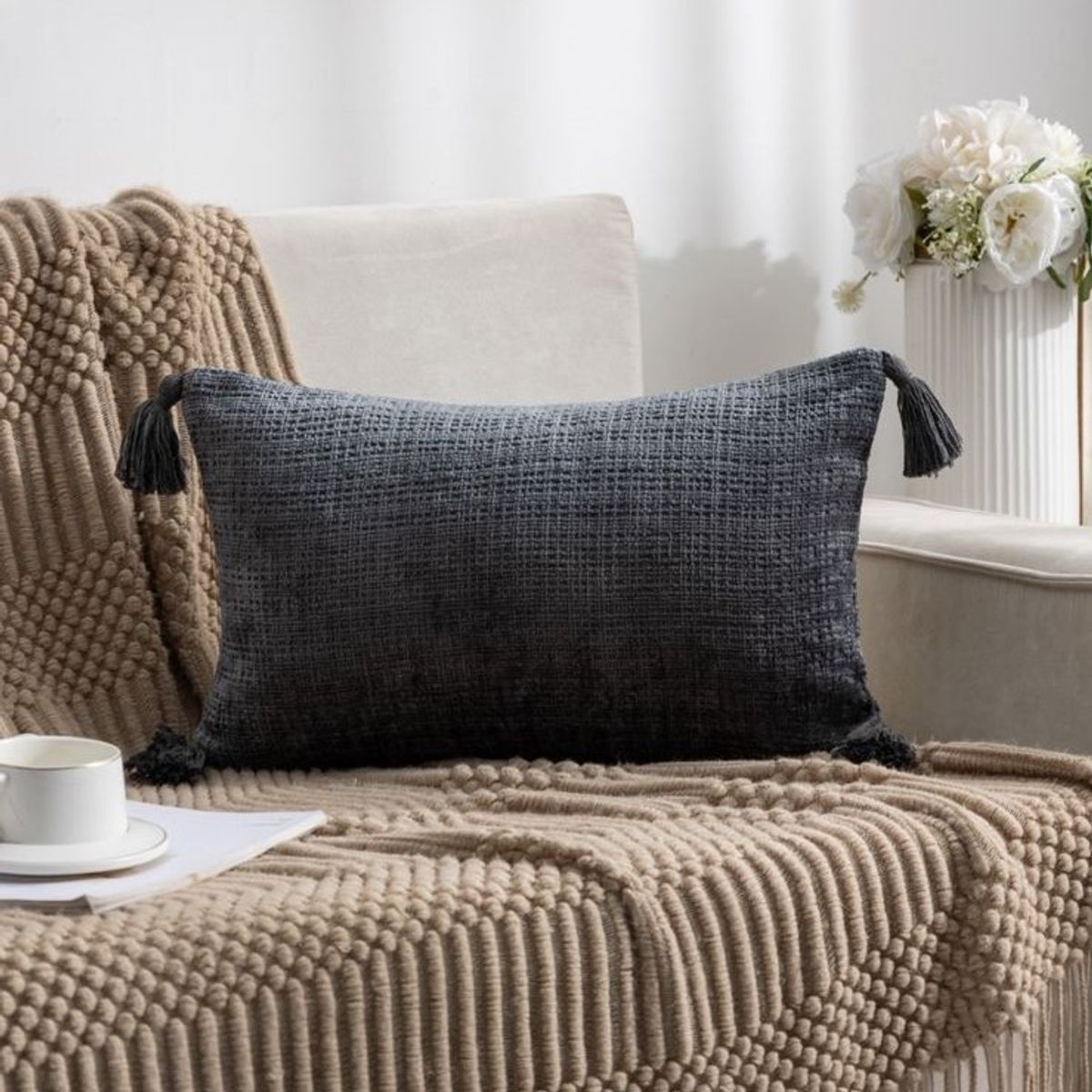 GENERICO - PACK DE 4 FUNDAS PARA COJIN CHELINE CON BORLAS 30x50