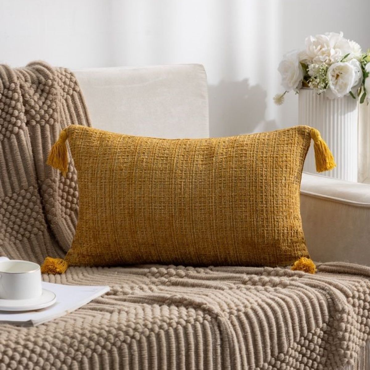 GENERICO - PACK DE 4 FUNDAS PARA COJIN CHELINE CON BORLAS 30x50