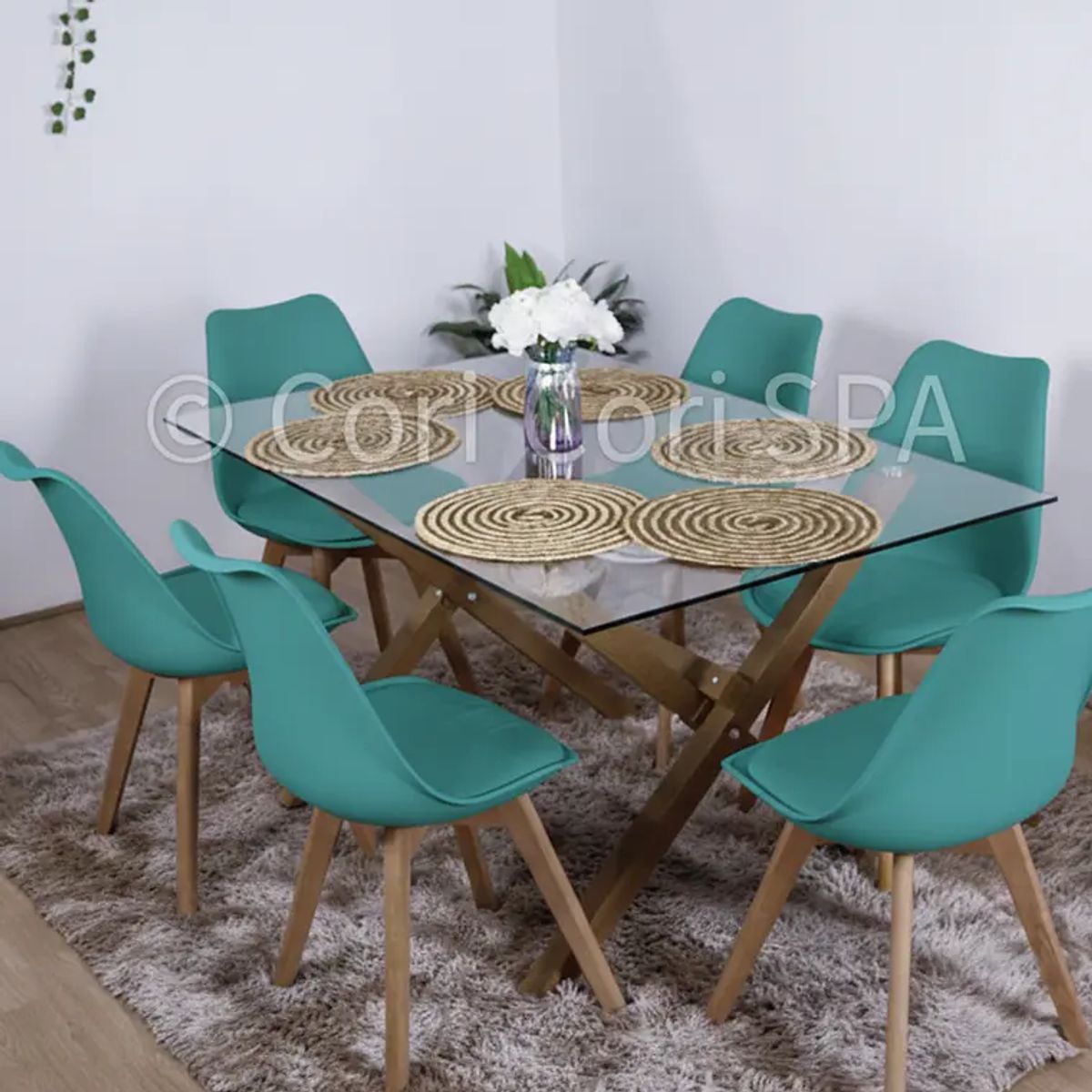 CORI CORI - Comedor Medlock Vidrio 140x90 + 6 Sillas Tulip
