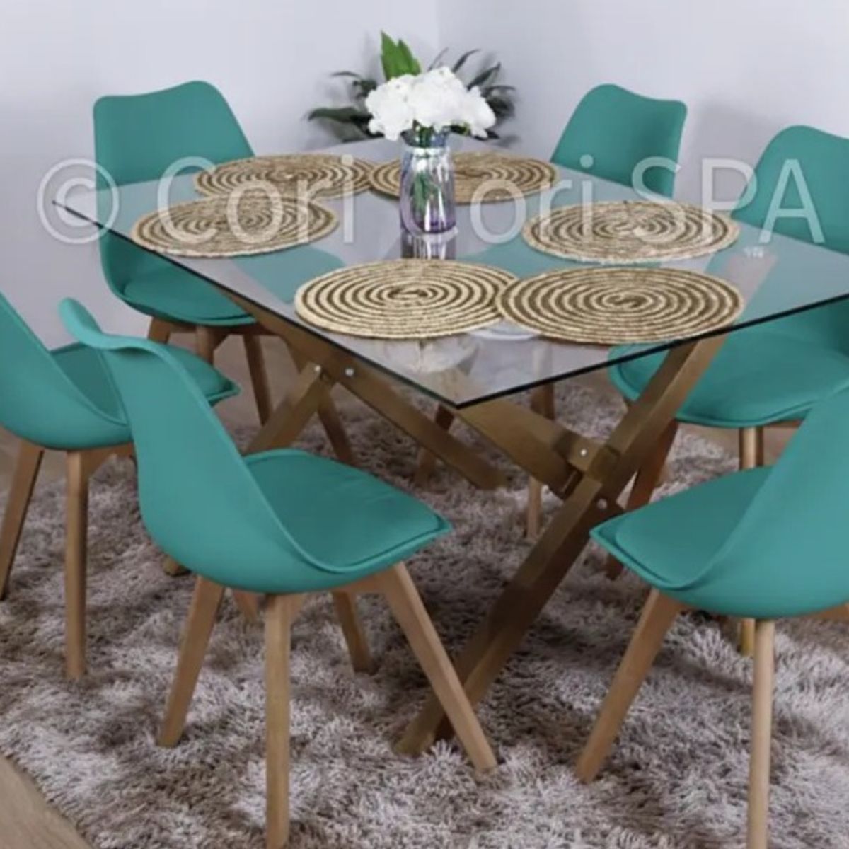 CORI CORI - Comedor Medlock Vidrio 140x90 + 6 Sillas Tulip