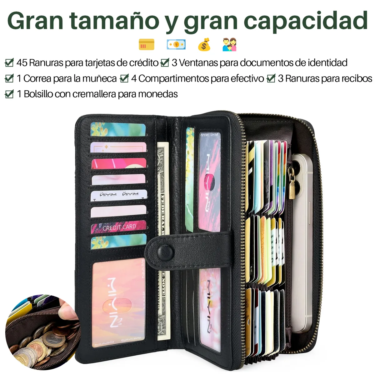 SLOWTON - Cartera De Mujer Rfid Bloqueo Billetero Doble Gran Capacidad