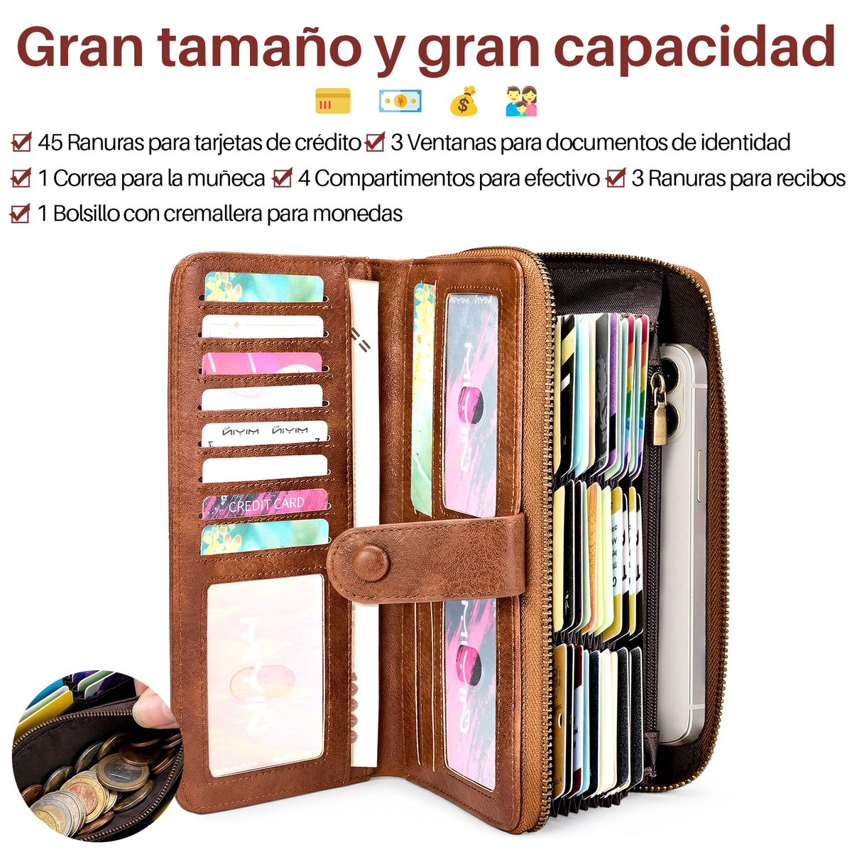 SLOWTON - Cartera De Mujer Rfid Bloqueo Billetero Doble Gran Capacidad
