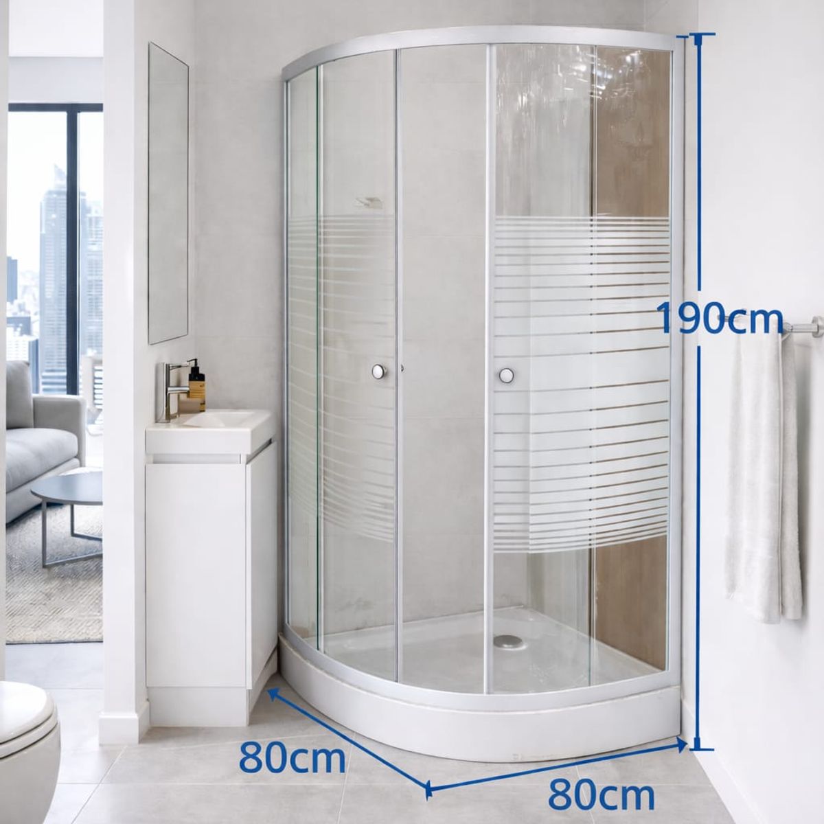 GENERICO - Mampara Ducha Curva 80×80 190cm Alto Vidrio Templado Franjas Blancas