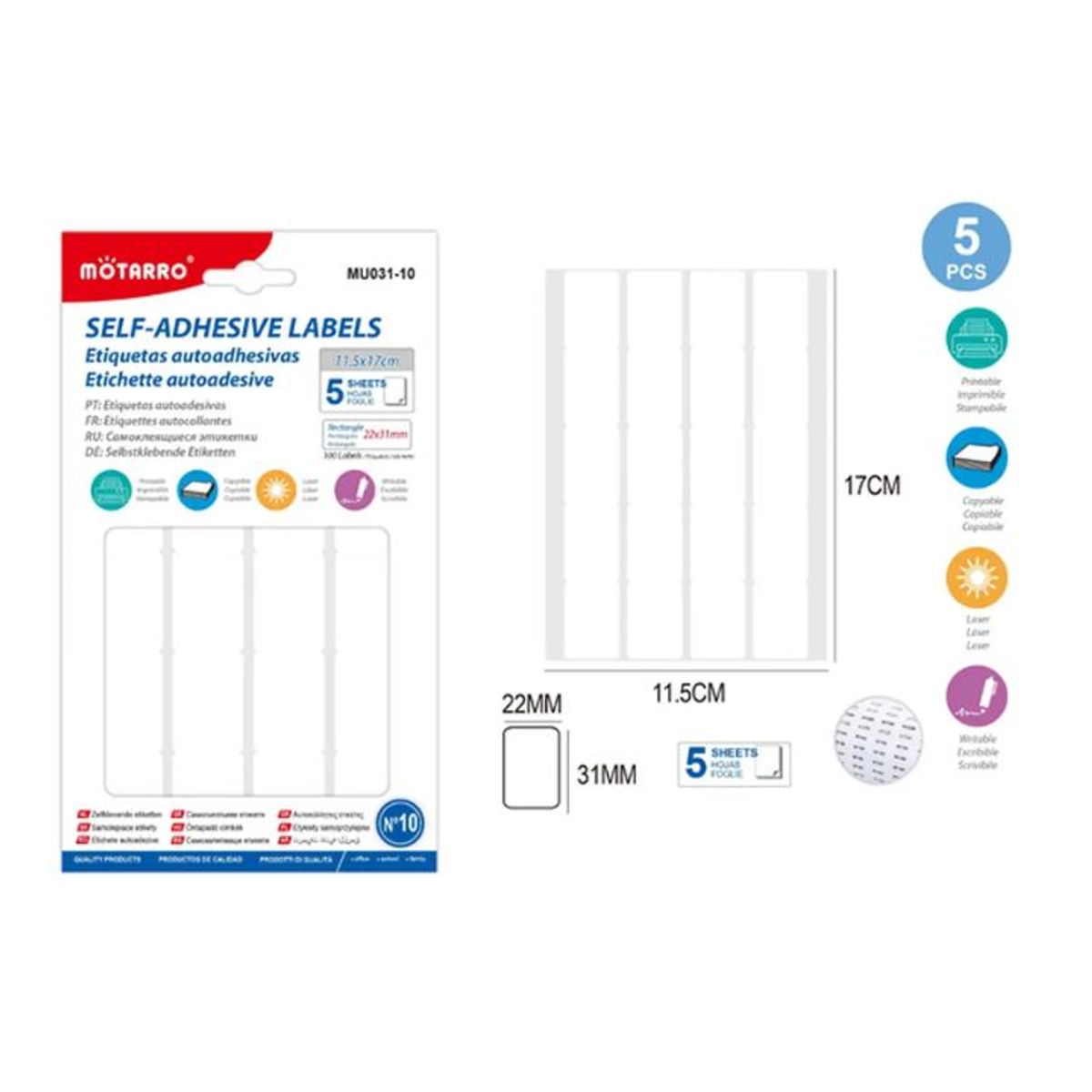 GENERICO - Etiqueta autoadhesiva Rectangular 22x31 mm Blanca 5 Hojas