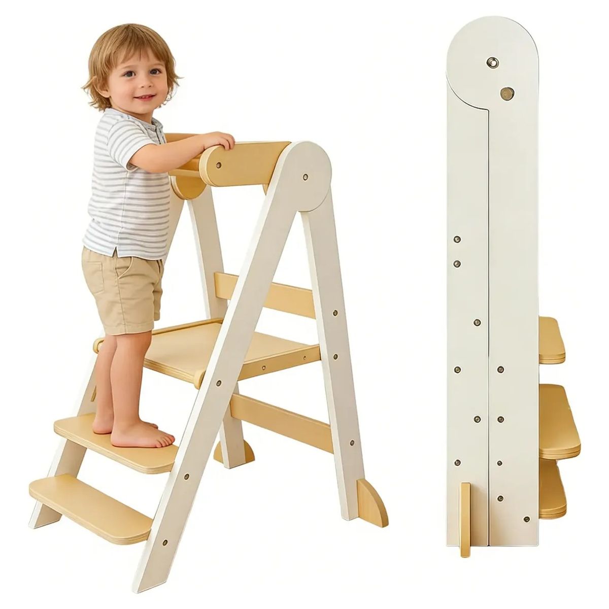 KUANGYE - Torre De Aprendizaje Plegable Madera Con 3 Niveles De Altura Blanco