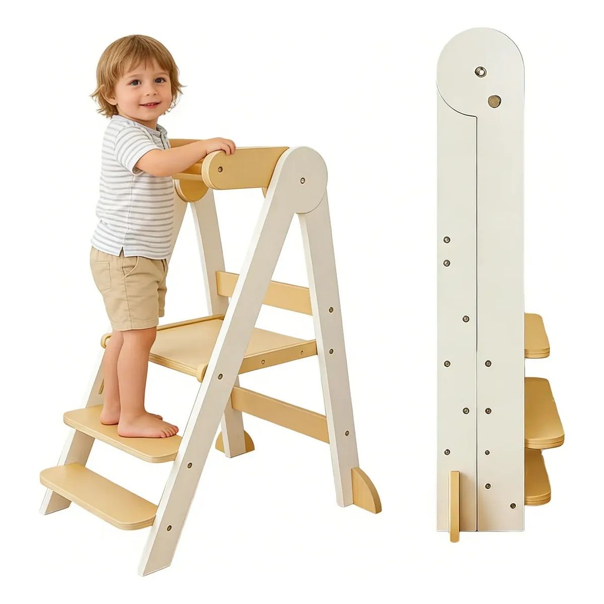 KUANGYE - Torre De Aprendizaje Plegable Madera Con 3 Niveles De Altura Blanco