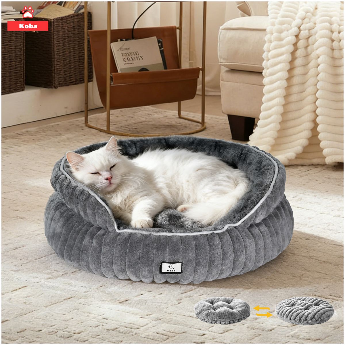 KOBA - Cama Antiestrés Para Mascota Gatos Perros Con Cojín Reversible 50x50x20cm Color Marengo