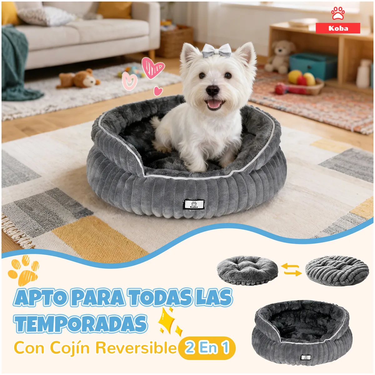 KOBA - Cama Antiestrés Para Mascota Gatos Perros Con Cojín Reversible 50x50x20cm Color Marengo