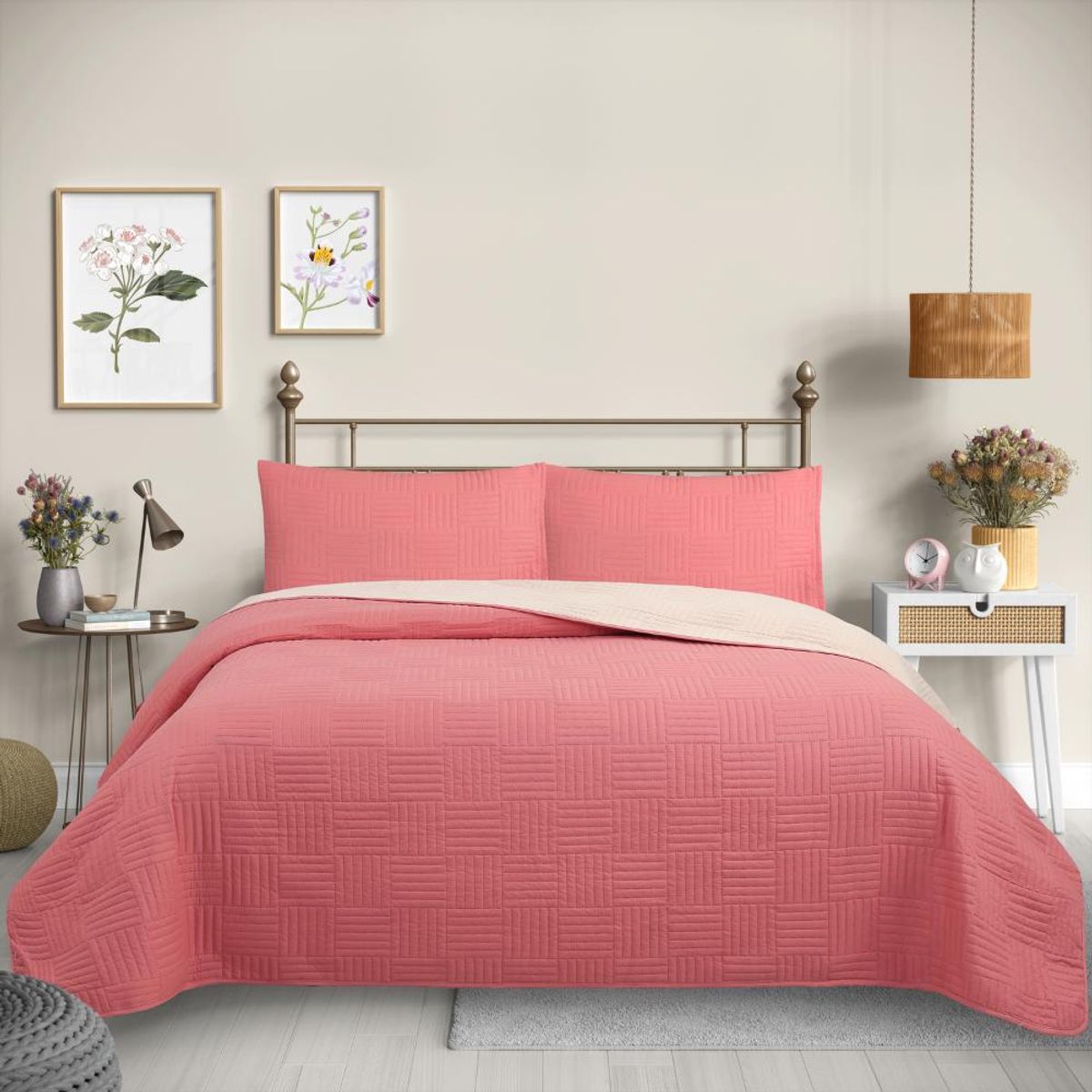 GENERICO - Cubrecama Quilt Reversible Color Rosa King Trama Collection