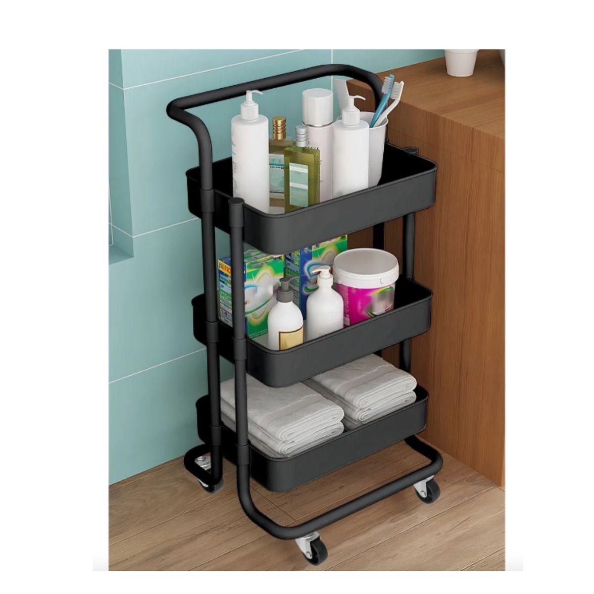GENERICO - Carrito Organizador Carro Con Ruedas Asa Estante 3 Niveles Color Negro