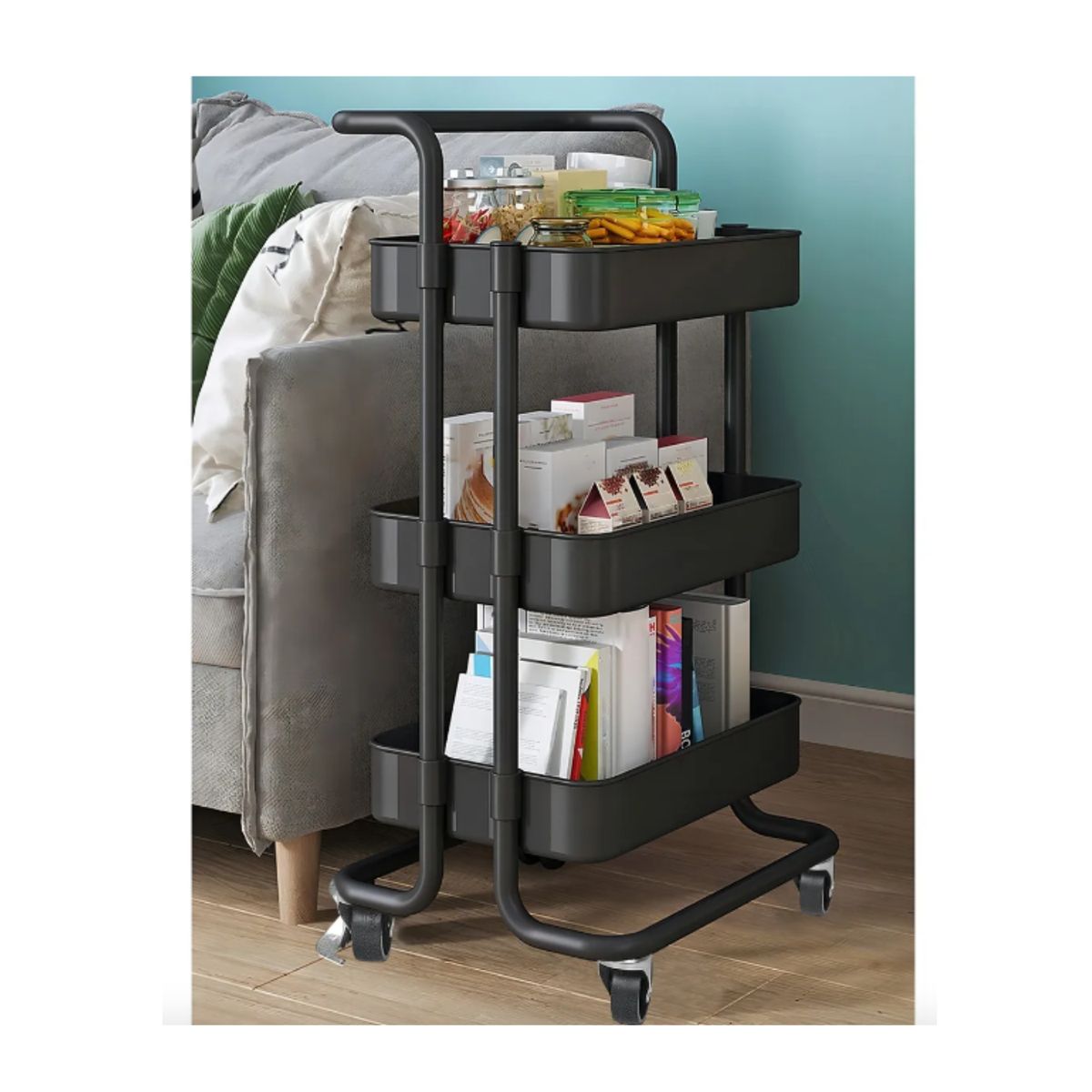 GENERICO - Carrito Organizador Carro Con Ruedas Asa Estante 3 Niveles Color Negro