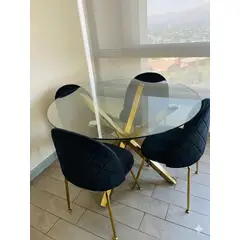 GENERICO - JUEGO DE COMEDOR 100CM + 4 SILLAS FELPA BASE DORADA