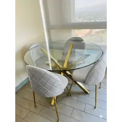 GENERICO - JUEGO DE COMEDOR 100CM + 4 SILLAS FELPA BASE DORADA