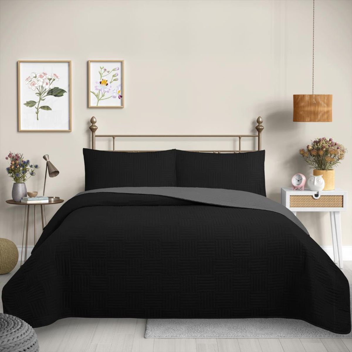GENERICO - Cubrecama Quilt Reversible Color Negro - Trama Collection