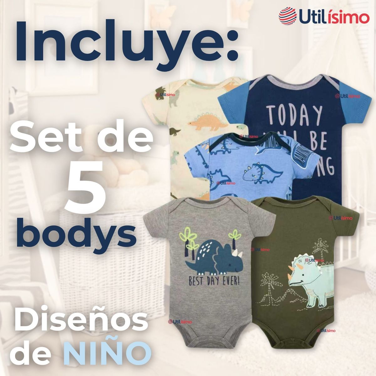 TEDMIMAK - Pack 5 Bodys Niño Manga Corta Tedmimak 100% Algodón Dino Roar