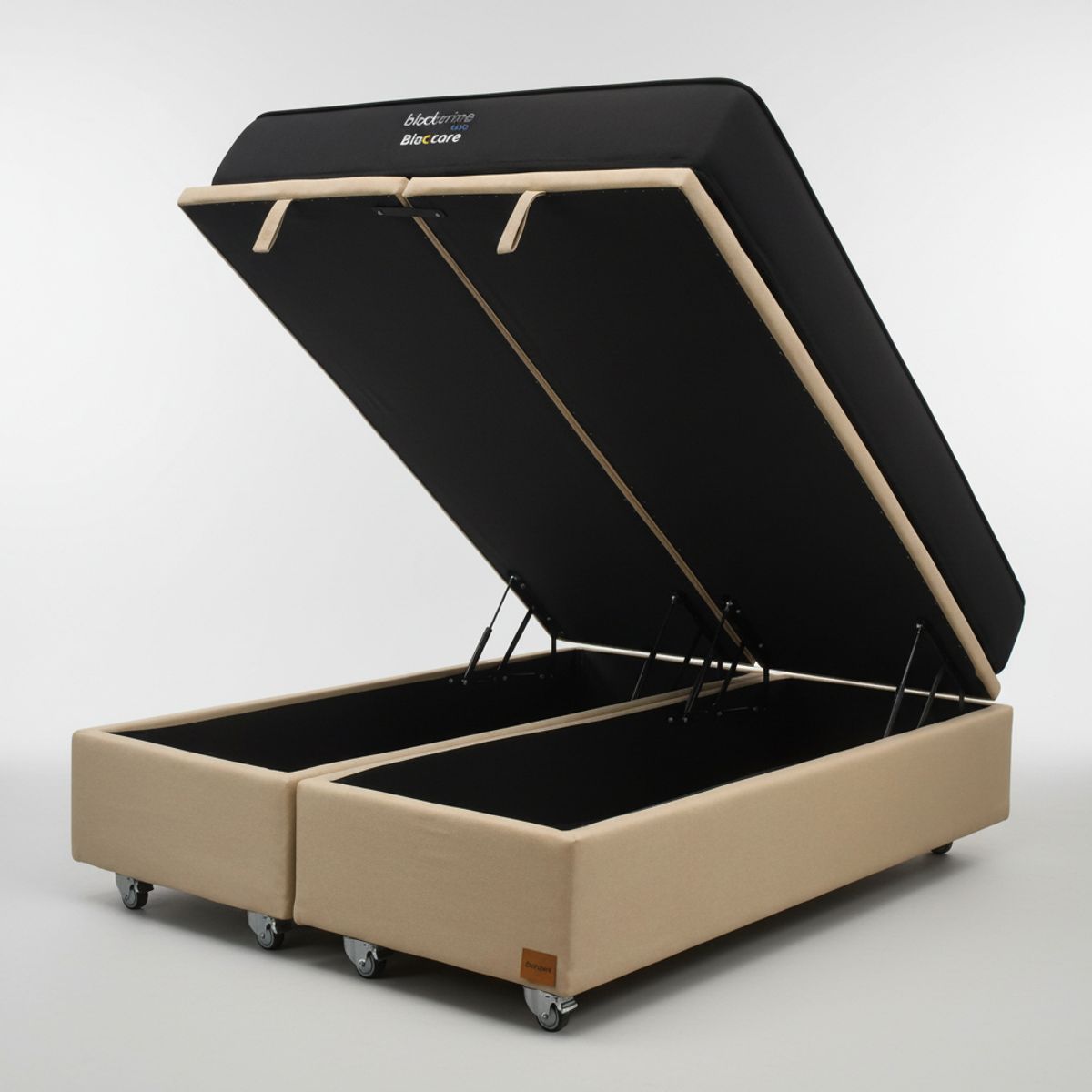 BLOCCARE - Cama Baul 2 Plaza L200 cm + Colchon Black Prime - Modelo Uno / Rueda Deluxe (Beige)