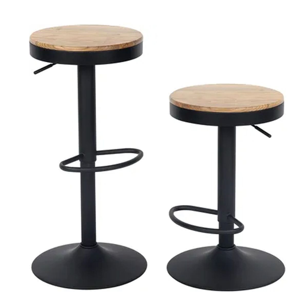 WAKESHOME - Taburete Bar Ajustable Giratorio 360 Negro Rustic Wood
