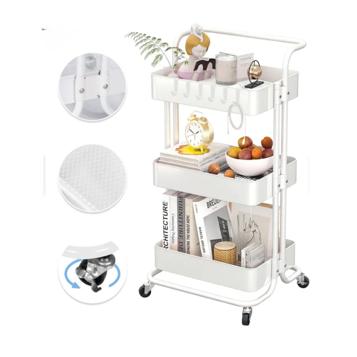 GENERICO - Carrito Organizador Carro Con Ruedas Asa Estante 3 Niveles Color Blanco