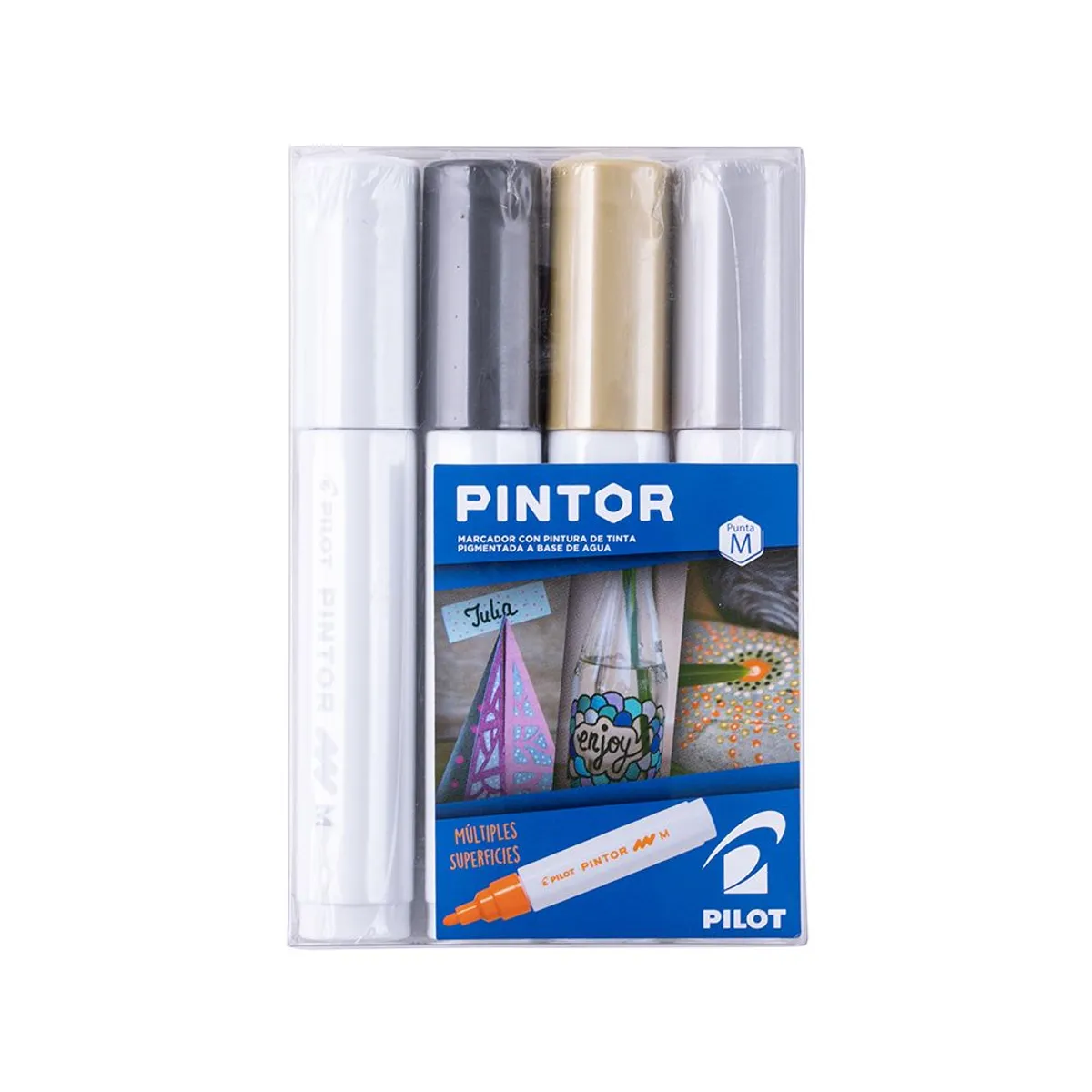 PILOT - Pintor Set Blanco, Negro, Dorado, Plateado Punta Media 4 un.