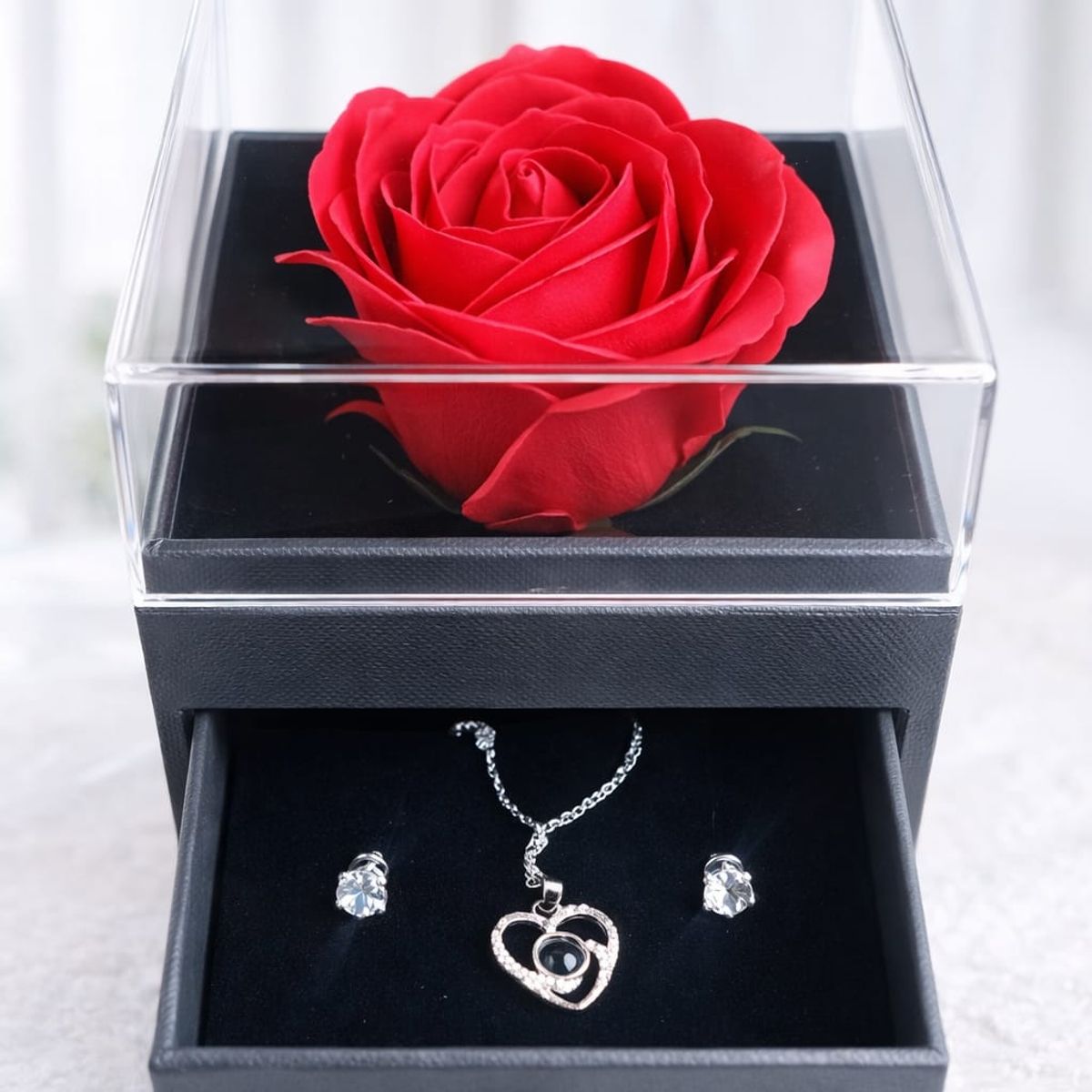 GENERICO - Caja Joyero Con  Rosa Eterna + Collar Proyección  I Love You Regalo  San Valentín