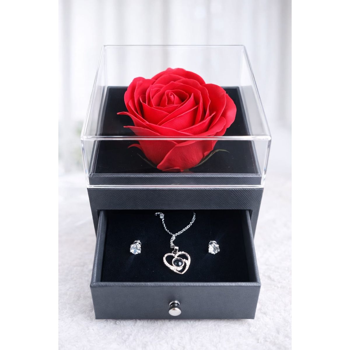 GENERICO - Caja Joyero Con  Rosa Eterna + Collar Proyección  I Love You Regalo  San Valentín