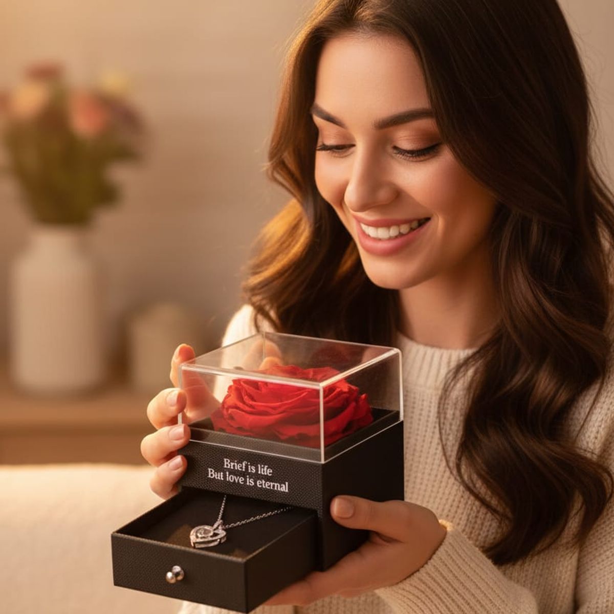 GENERICO - Caja Joyero Con  Rosa Eterna + Collar Proyección  I Love You Regalo  San Valentín