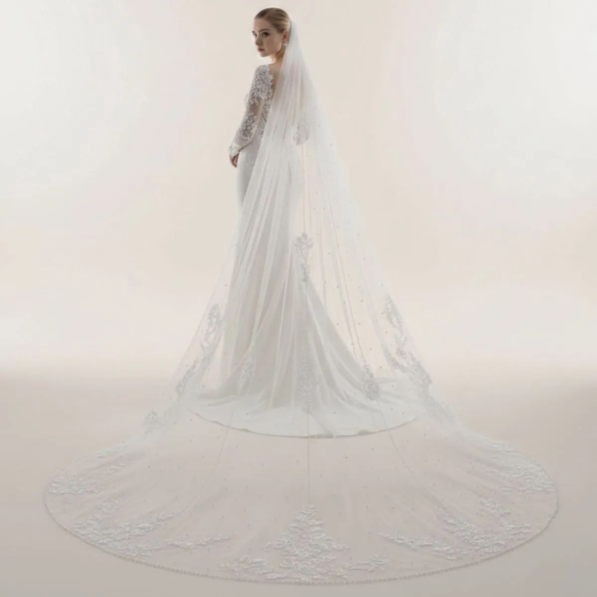 COMPUTECH - Velo De Novia Largo Catedral 3 Metros Encaje Perlas Peineta