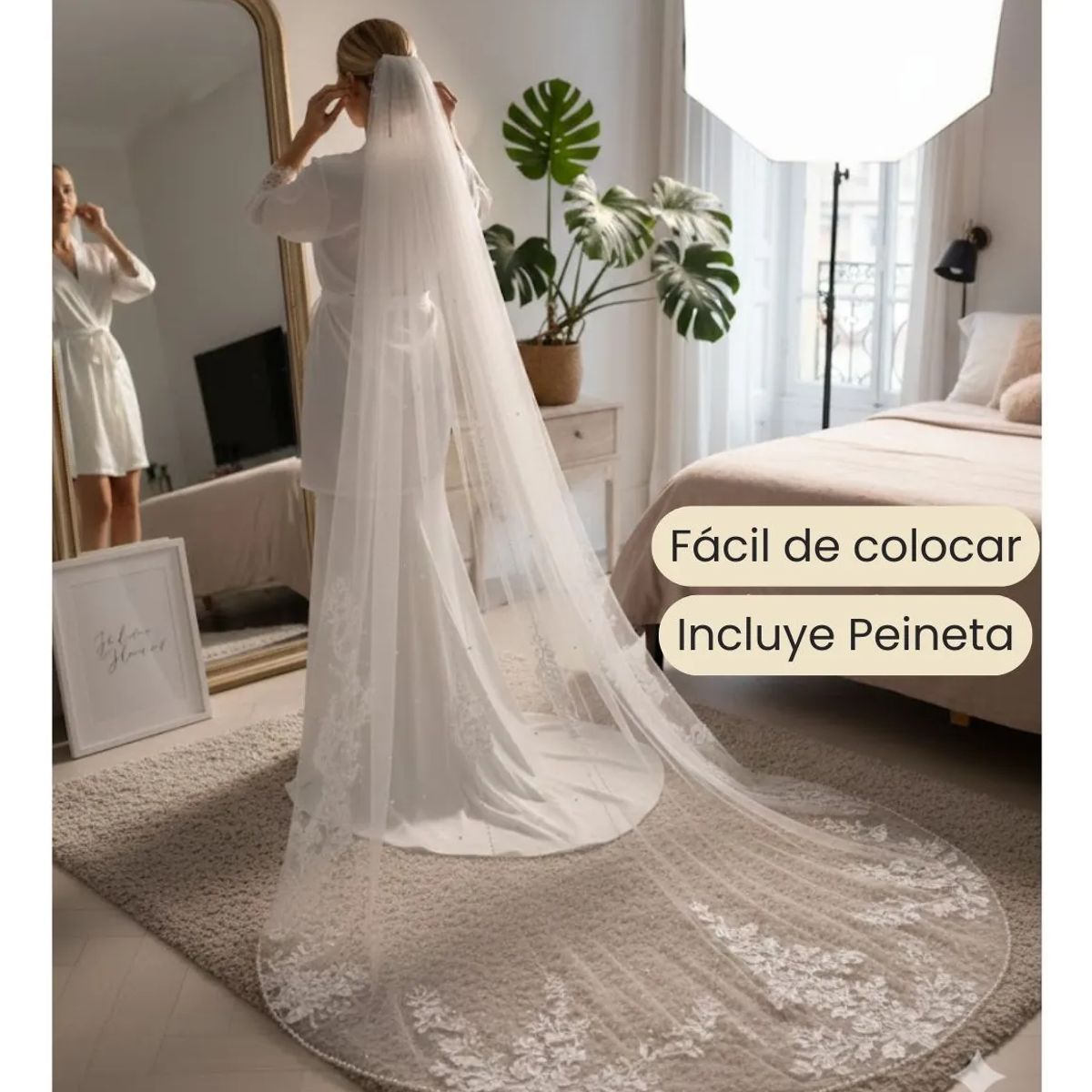 COMPUTECH - Velo De Novia Largo Catedral 3 Metros Encaje Perlas Peineta