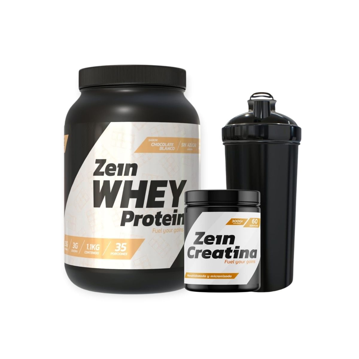 ZEIN - PACK PROTEINA WHEY CHOCO-BLANCO 1,1 KG + CREATINA 60SV + SHAKER - ZEIN
