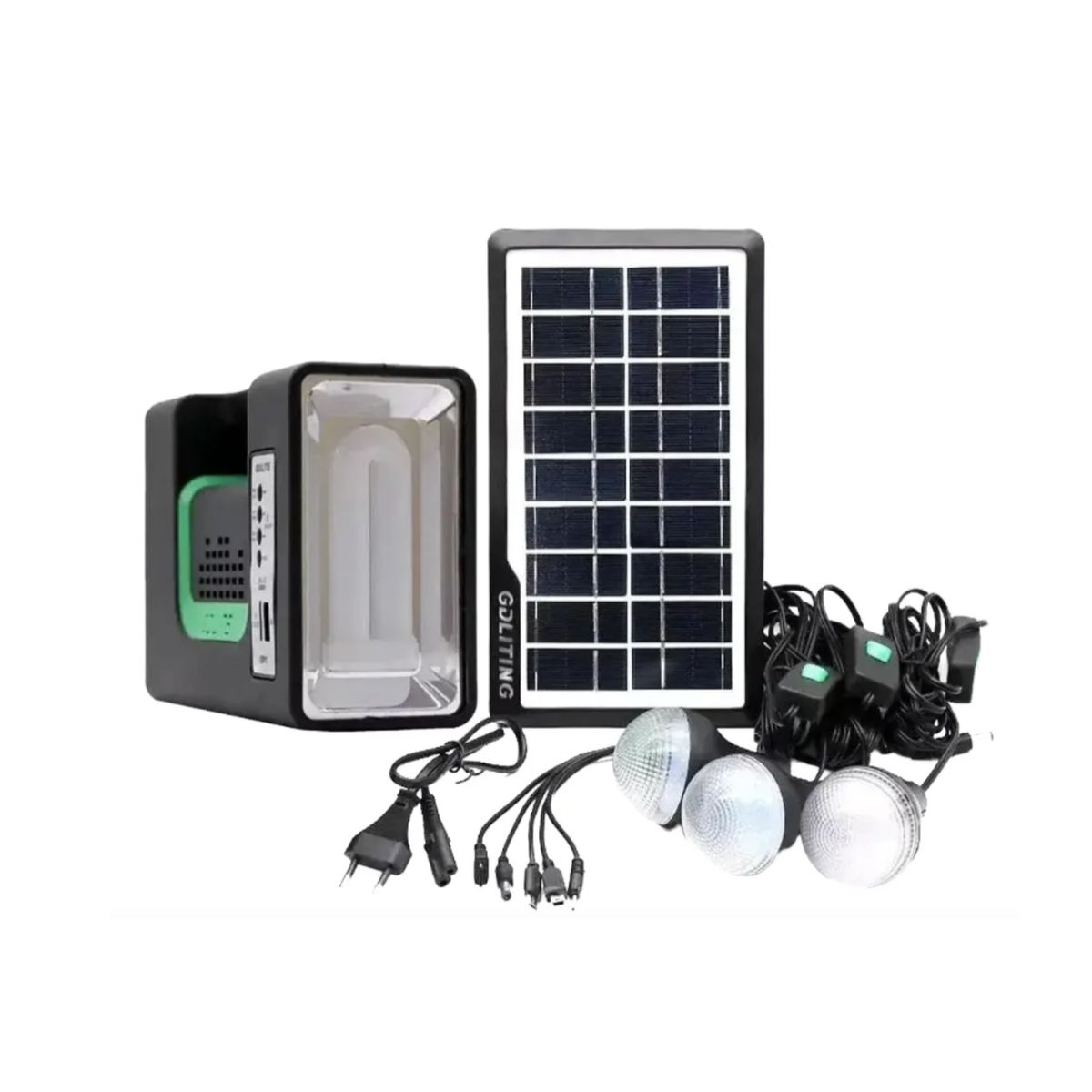 GENERICO - Kit Emergencia Camping Solar 3 Ampolletas Linterna + radio Mp3