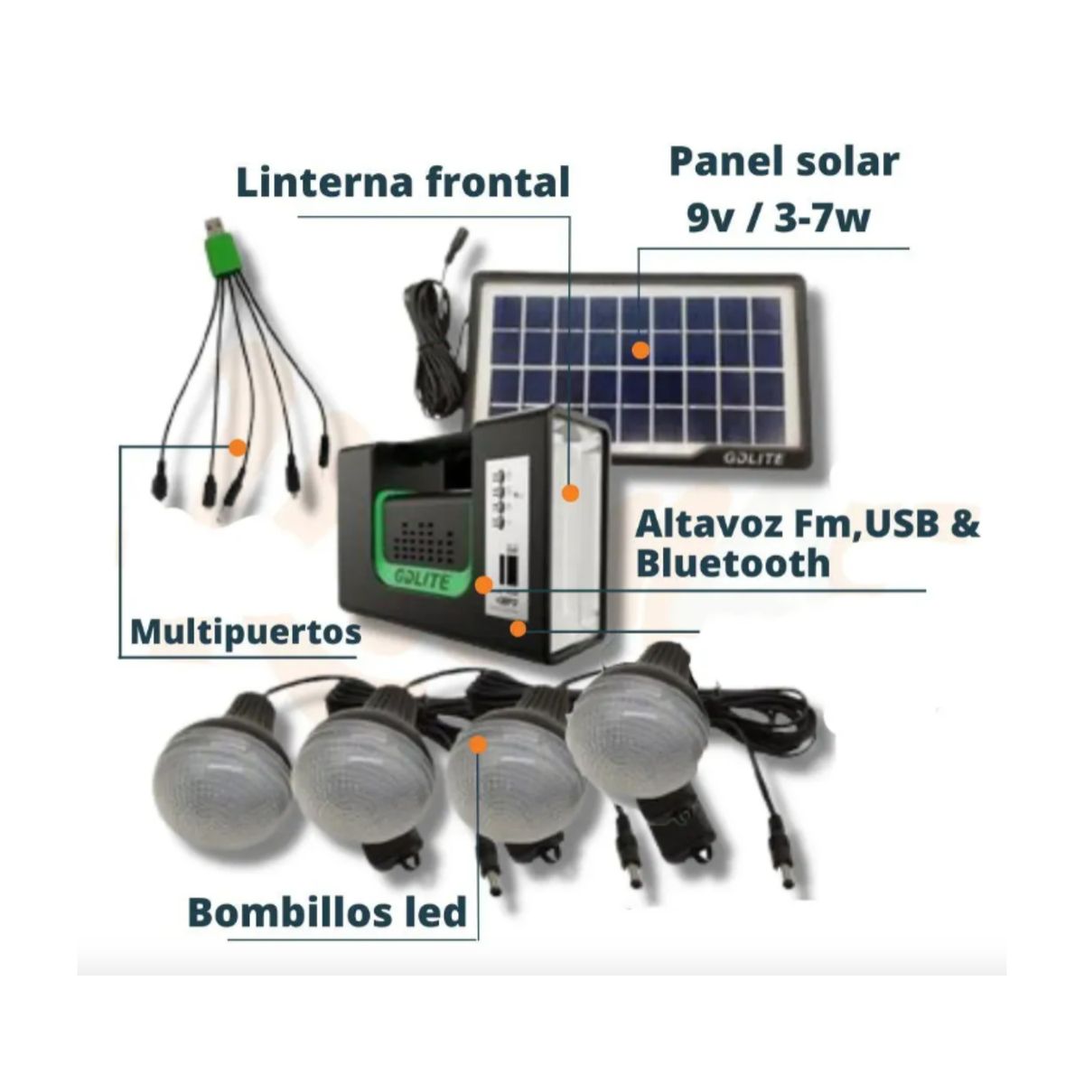 GENERICO - Kit Emergencia Camping Solar 3 Ampolletas Linterna + radio Mp3