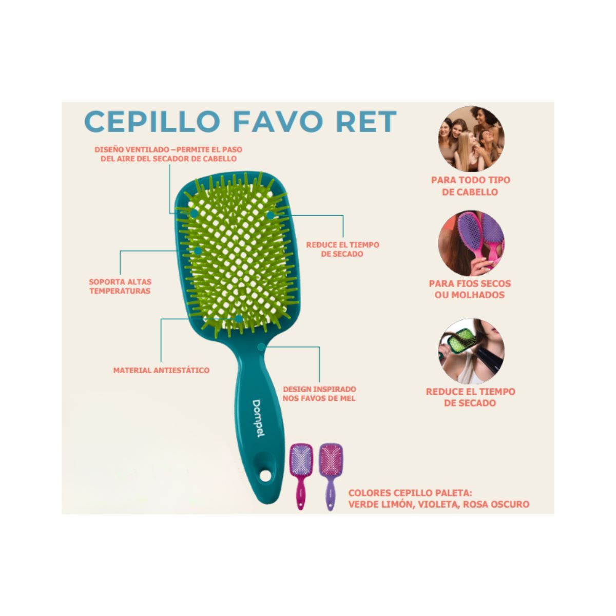 GENERICO - Cepillo Favo Ret Profesional Dompel Rosa Desenredo Suave sin Tirones