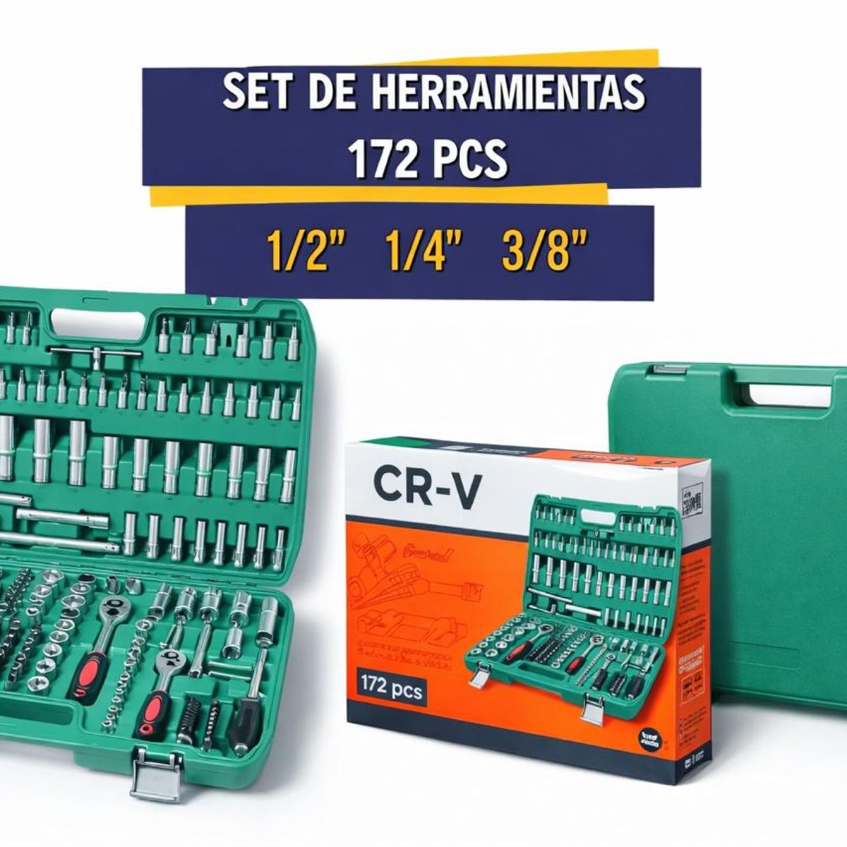 GENERICO - Set de Herramientas 172 Piezas Profesional CRV con Dados y Ratches 1/2 1/4 3/8