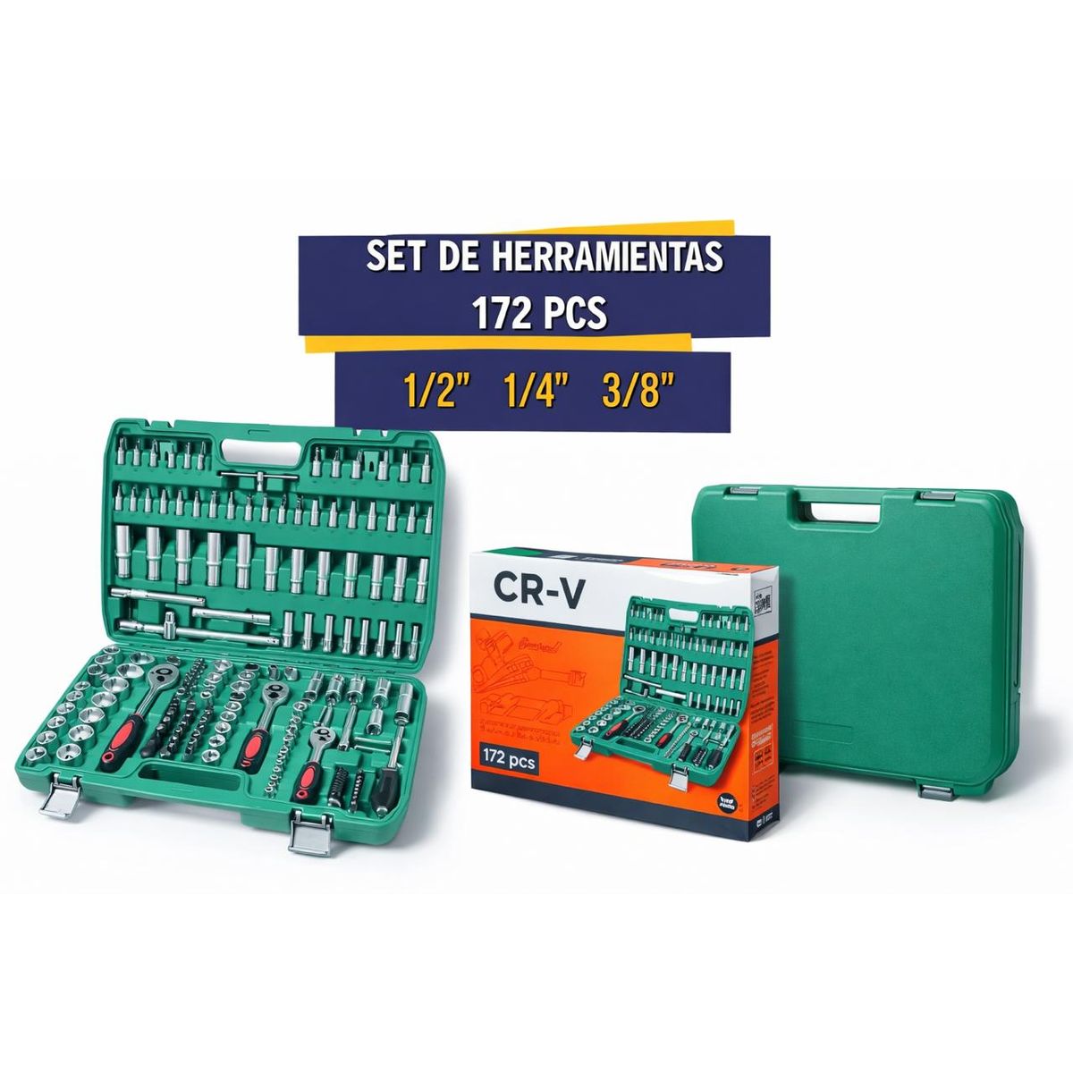 GENERICO - Set de Herramientas 172 Piezas Profesional CRV con Dados y Ratches 1/2 1/4 3/8