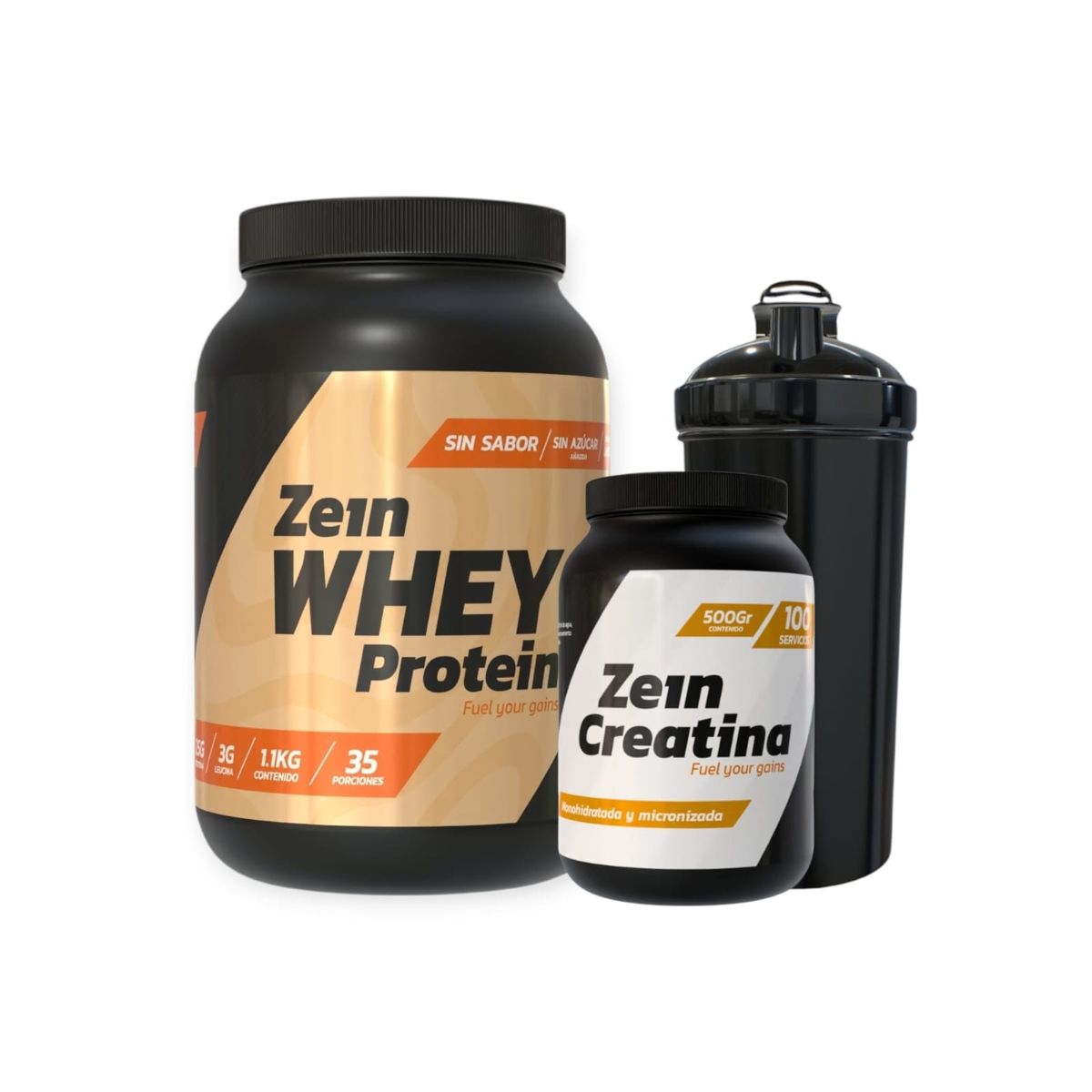 ZEIN - PACK PROTEINA WHEY 1 1KG SIN SABOR + CREATINA 500GR + SHAKER - ZEIN