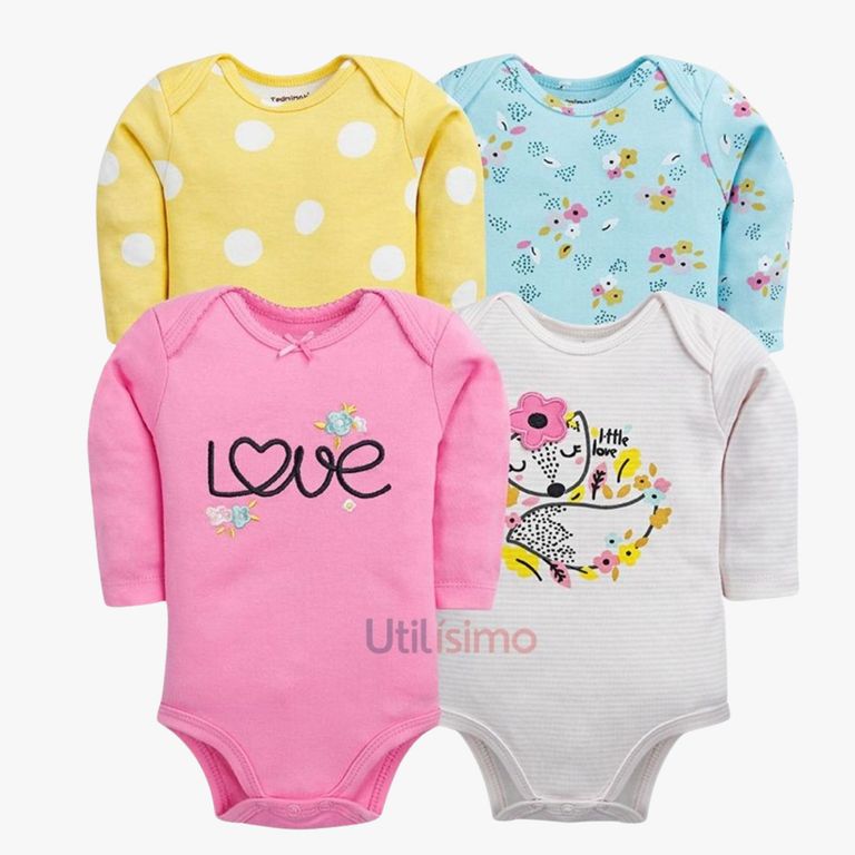 Pack 4 Bodys Nina Manga Larga 100% Algodon Rosa 3 MESES