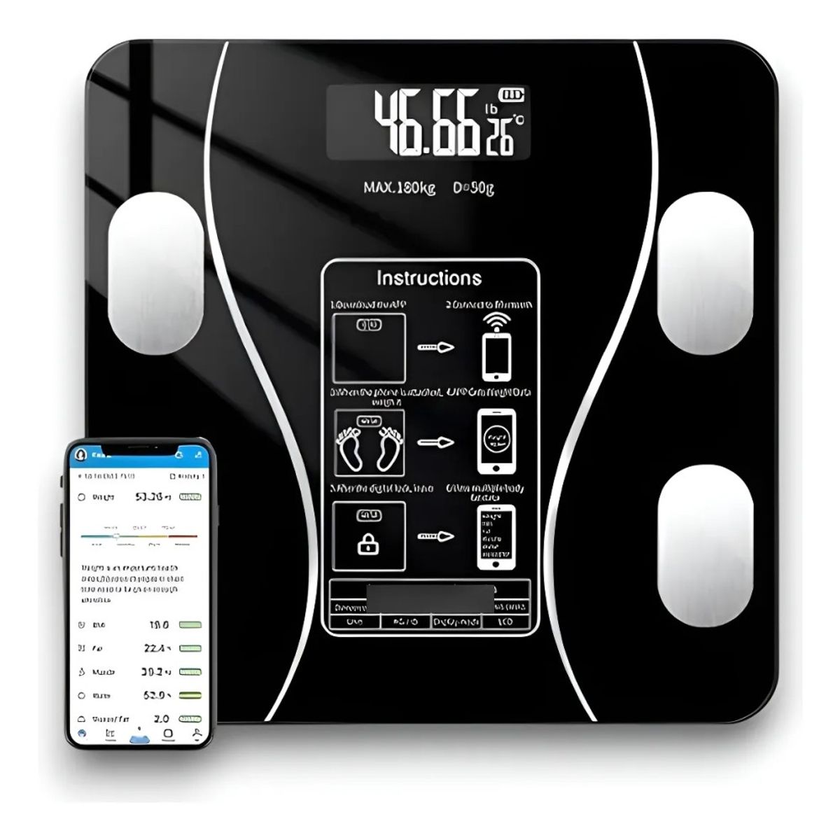 GENERICO - Pesa De Baño Inteligente Balanza Digital Con Bluetooth 180kg Negro BELUG