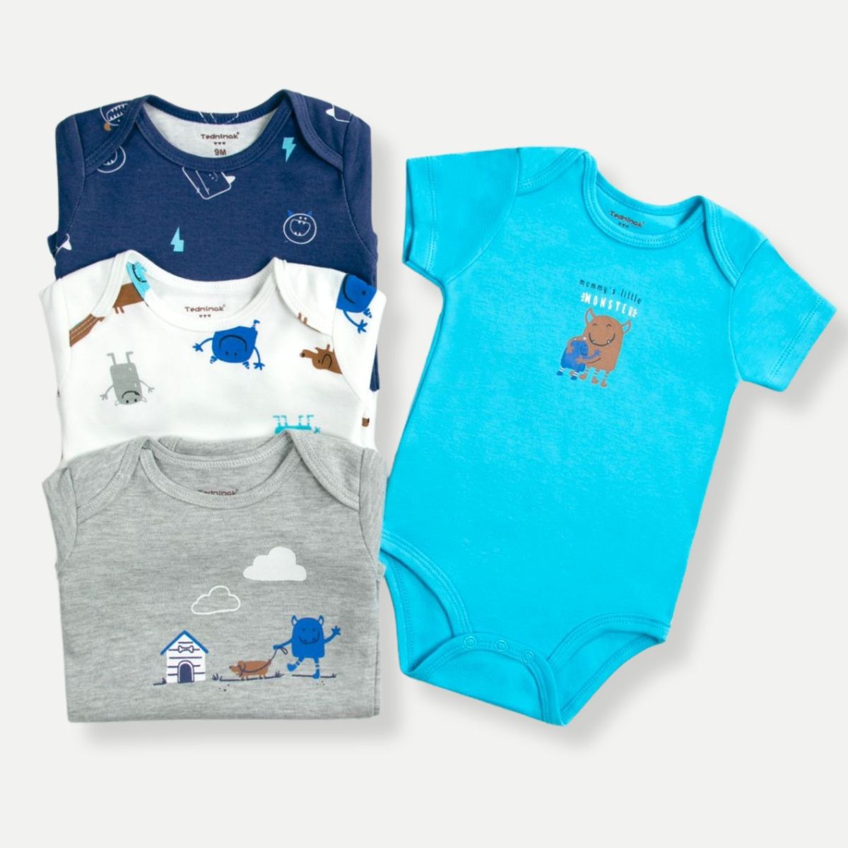 TEDMIMAK - Pack 4 Bodys Niño Manga Corta Tedmimak 100% Blue Monster