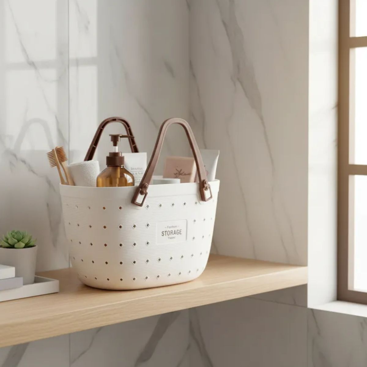 GENERICO - Canasto Organizador Plástico Gris y blanco Con Asas 34x19x22cm