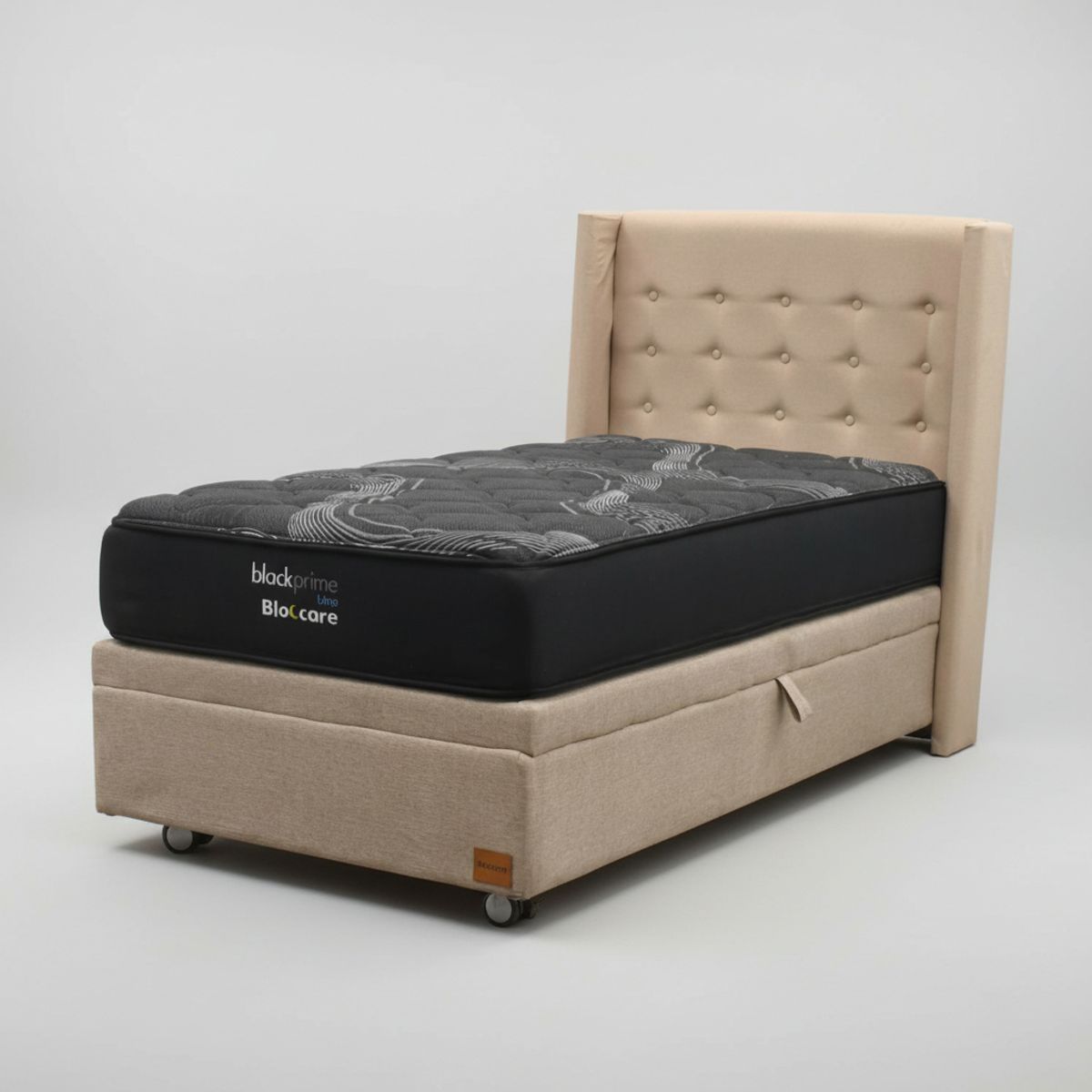 BLOCCARE - Cama Baul 1.5 Plaza L200cm con Respaldo + Colchon Black Prime - Modelo Uno / Rueda Logo (Beige)