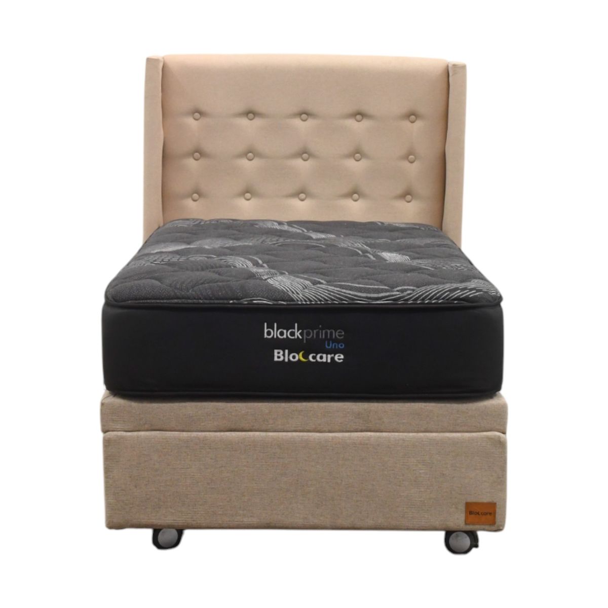 BLOCCARE - Cama Baul 1.5 Plaza L200cm con Respaldo + Colchon Black Prime - Modelo Uno / Rueda Logo (Beige)