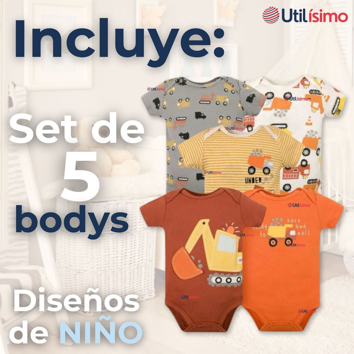 TEDMIMAK - Pack 5 Bodys Niño Manga Corta Tedmimak 100% Algodón Building Adventures