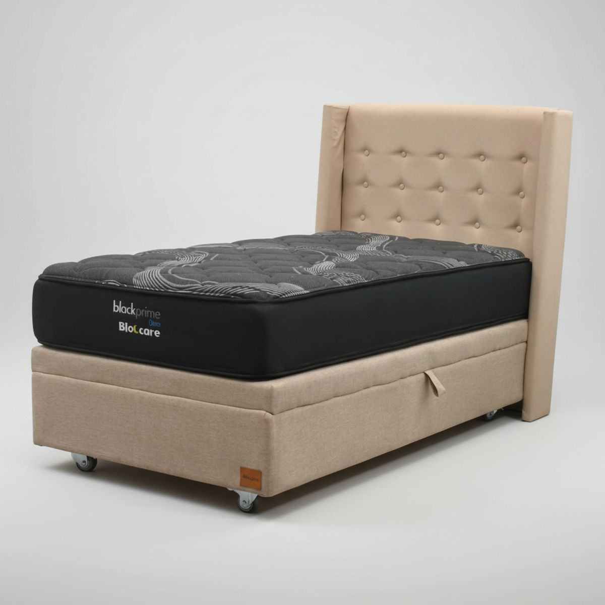 BLOCCARE - Cama Baul 1.5 Plaza L190cm con Respaldo + Colchon Black Prime - Modelo Uno / Rueda Deluxe (Beige)