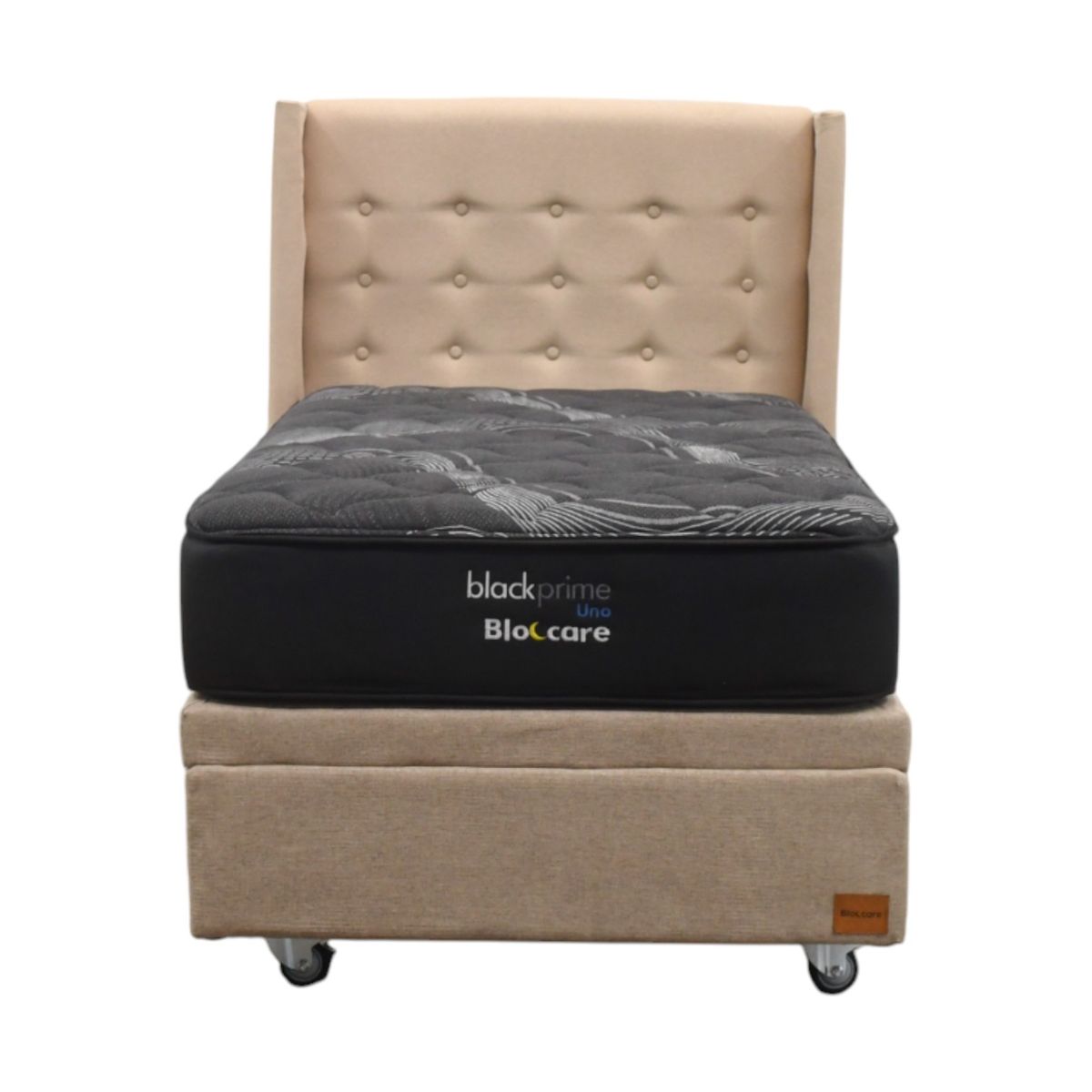 BLOCCARE - Cama Baul 1.5 Plaza L190cm con Respaldo + Colchon Black Prime - Modelo Uno / Rueda Deluxe (Beige)