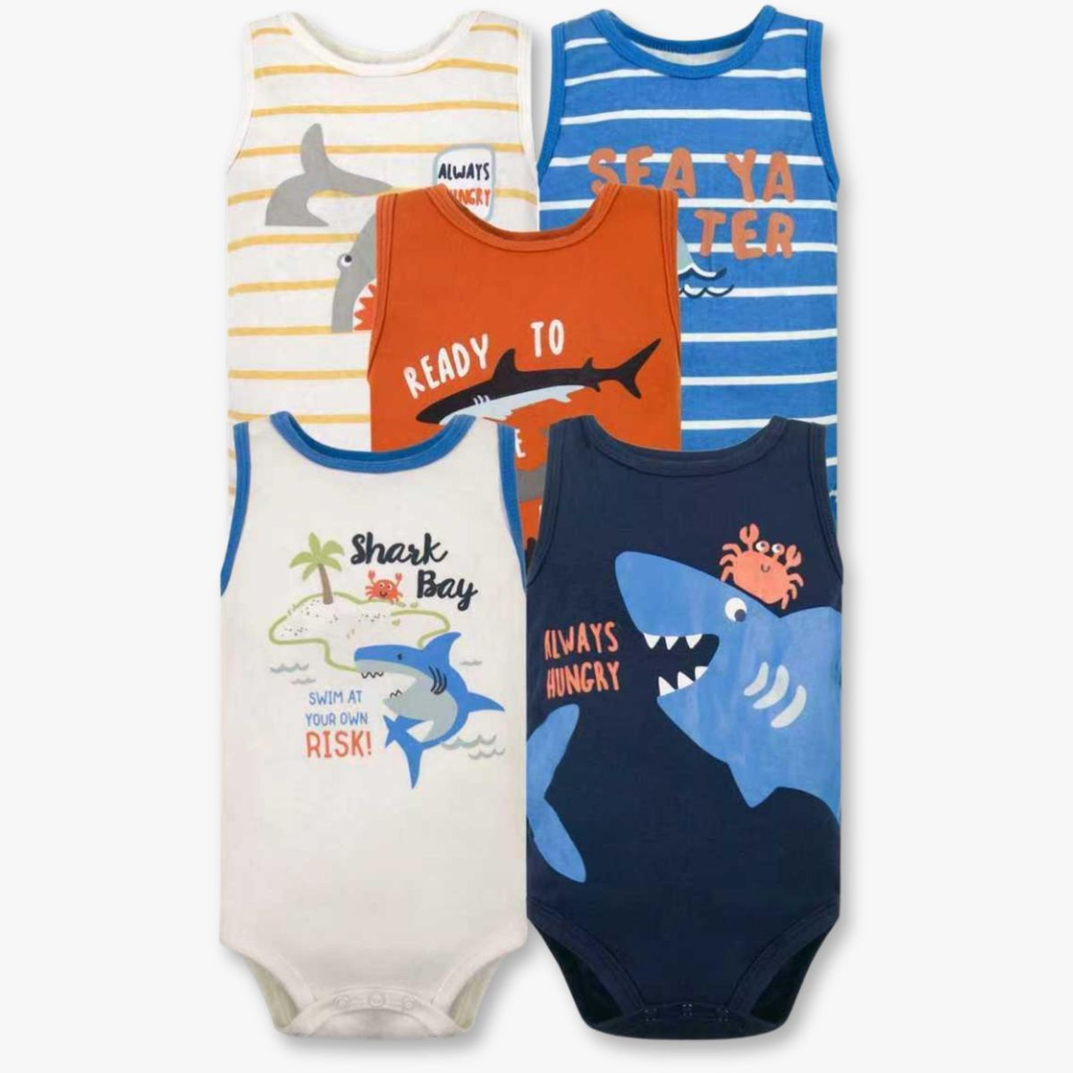 TEDMIMAK - Pack 5 Bodys Niño Sin Manga Tedmimak 100% Algodón Baby shark