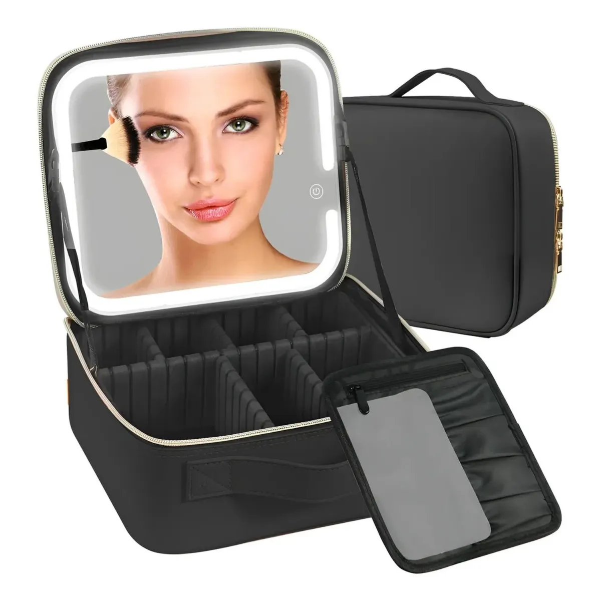 GENERICO - Estuche De Maquillaje Con Espejo Luz Led Organizador Viajero Negro