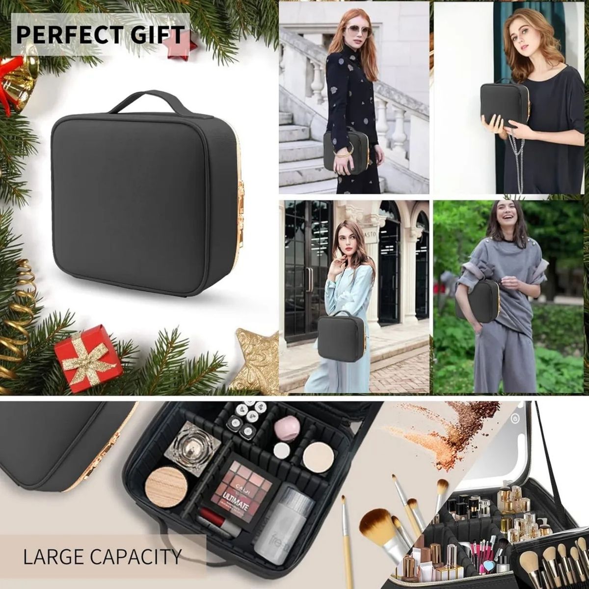 GENERICO - Estuche De Maquillaje Con Espejo Luz Led Organizador Viajero Negro