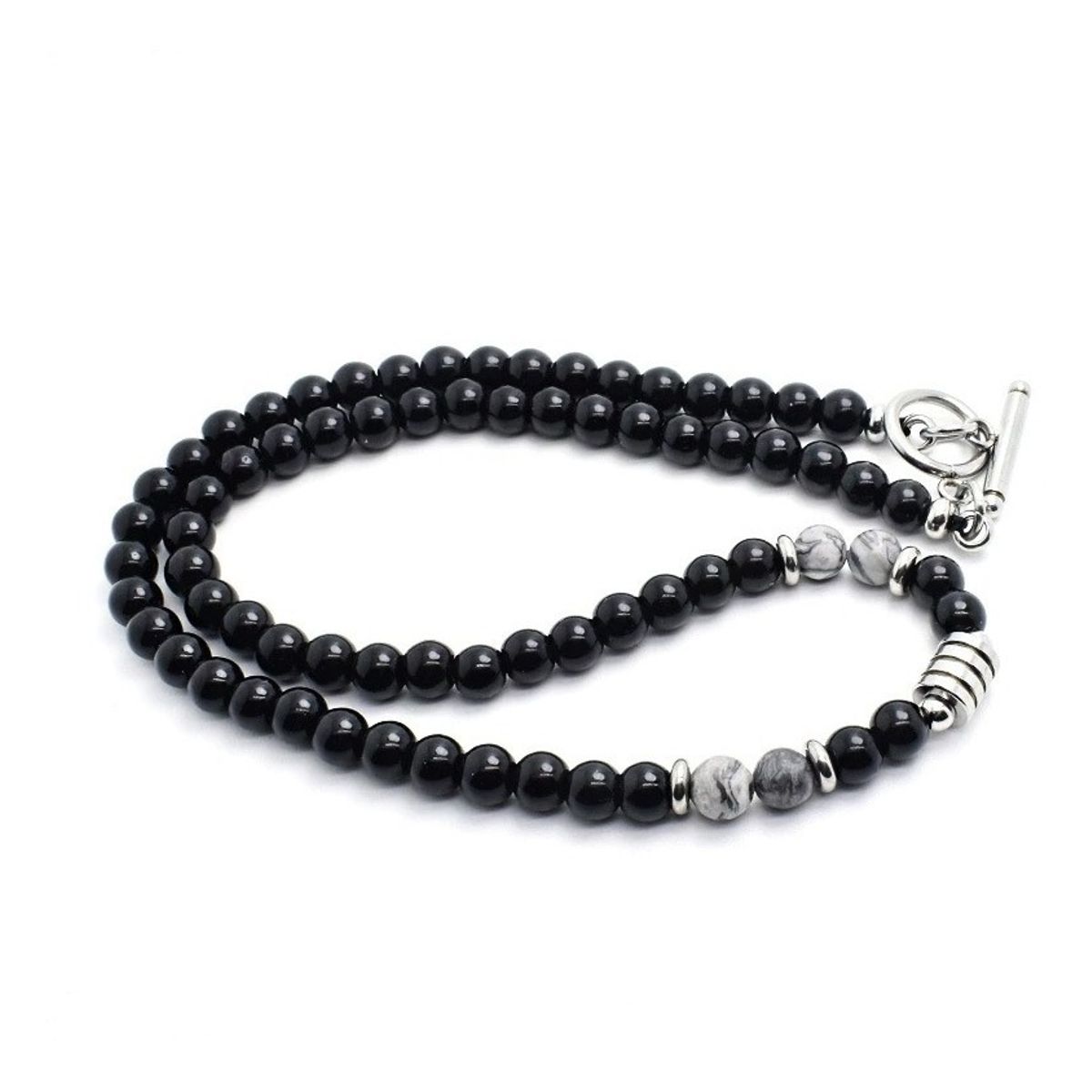 GENERICO - Collar Piedra Gris Y Onix 6mm Hombre Moda 2022 M1